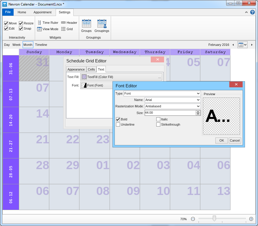 Editing the font in the grid of Nevron Calendar